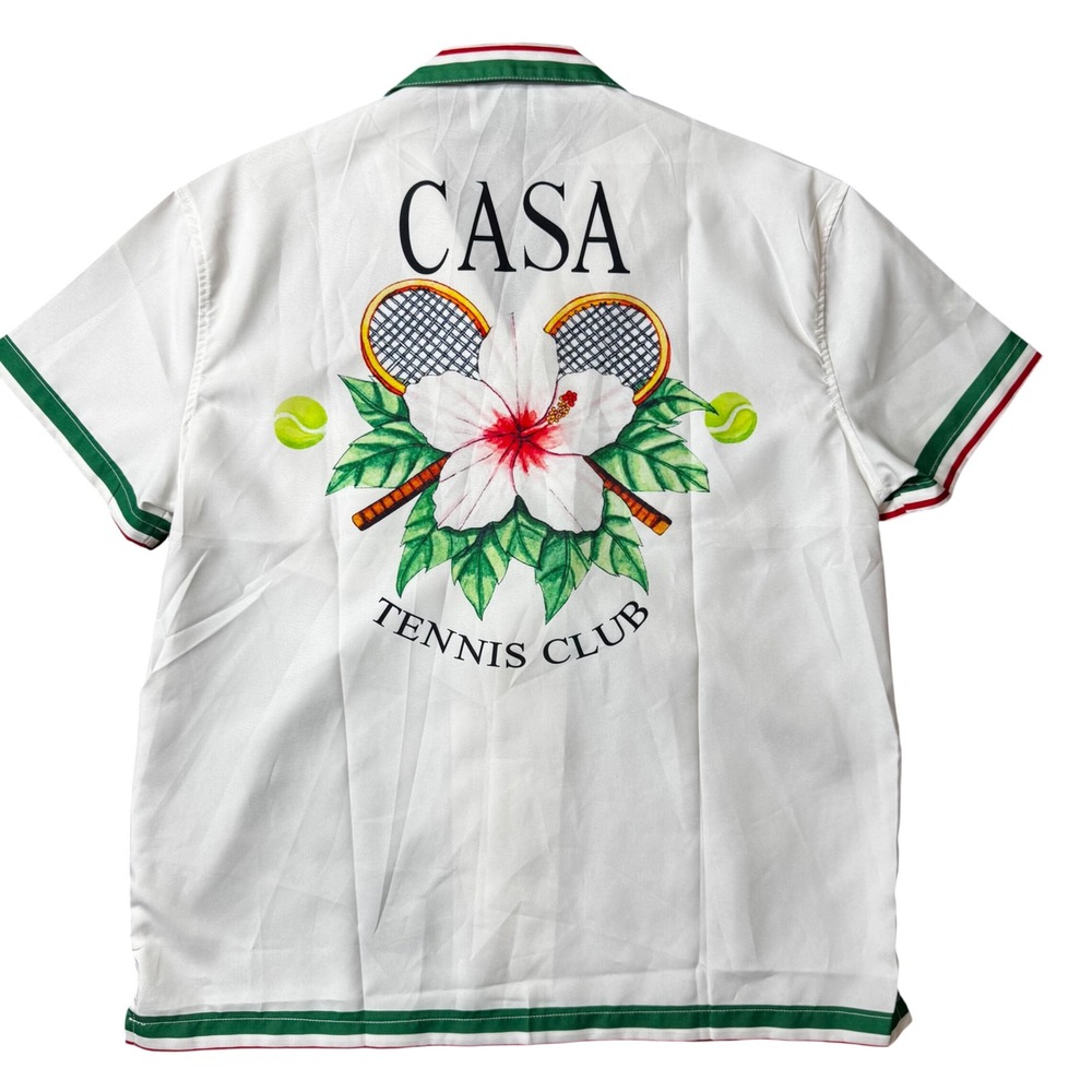 Casablanca Tennis Club White Short Sleeve Button Up Shirt Green Red Stripe Mens‎